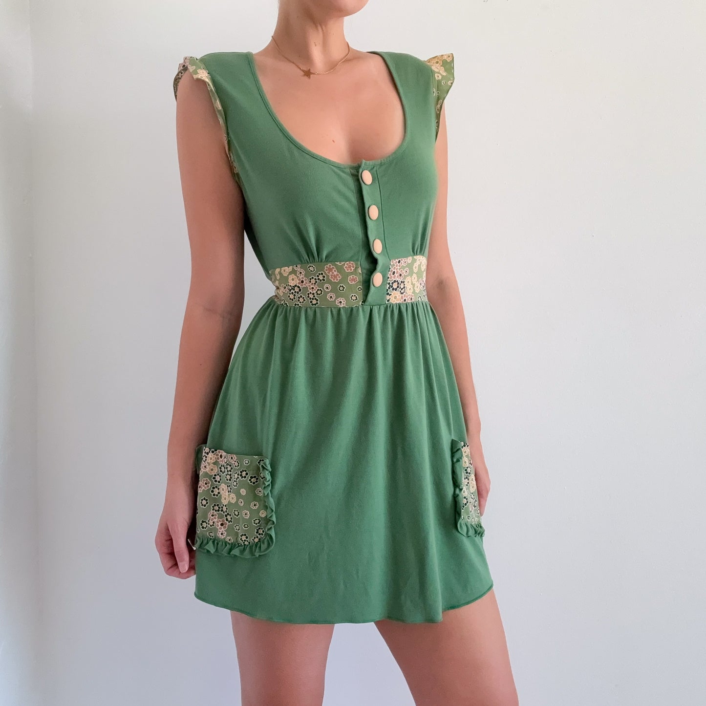 Y2K Green Flower Babydoll Mini Dress / SZ M