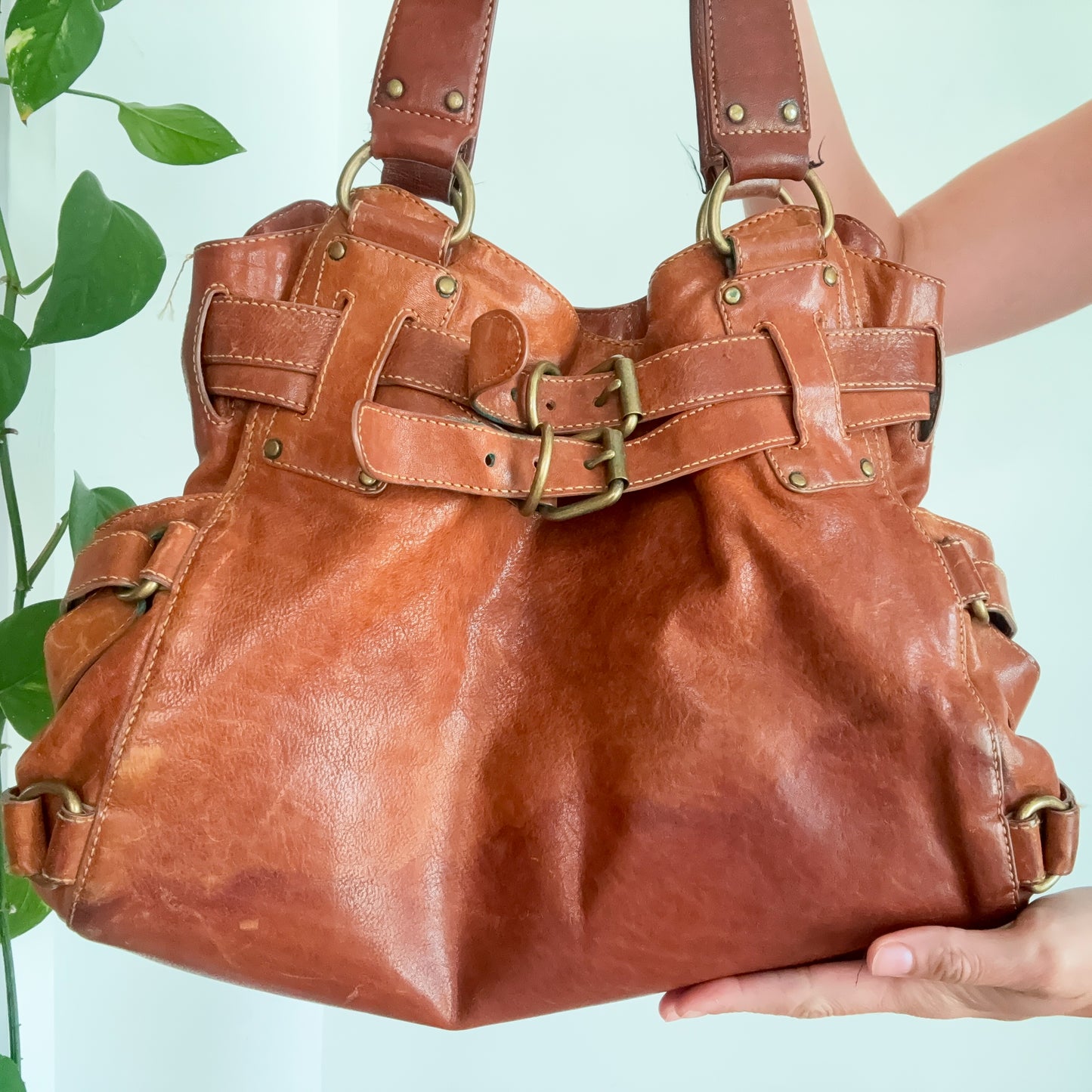 Y2K Light Brown Leather Buckle Handbag