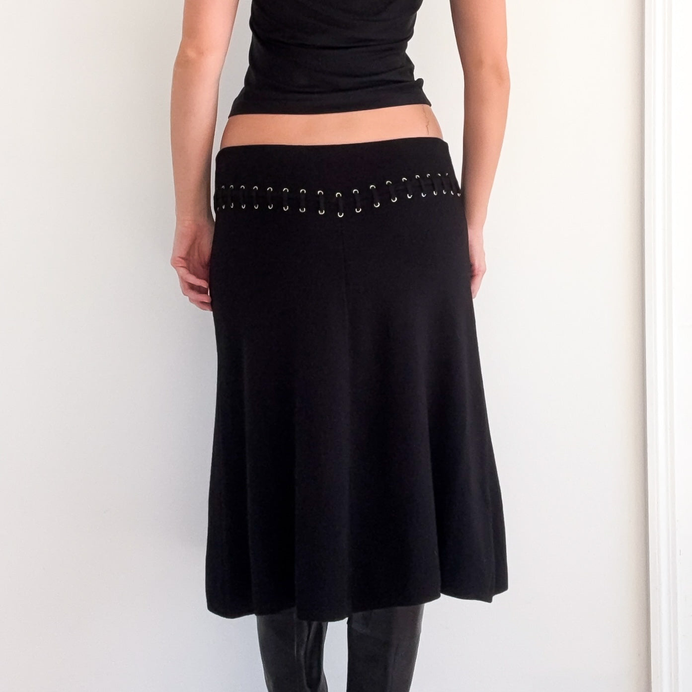 Y2K Black Knit Lace Up Midi Skirt / SZ M-L