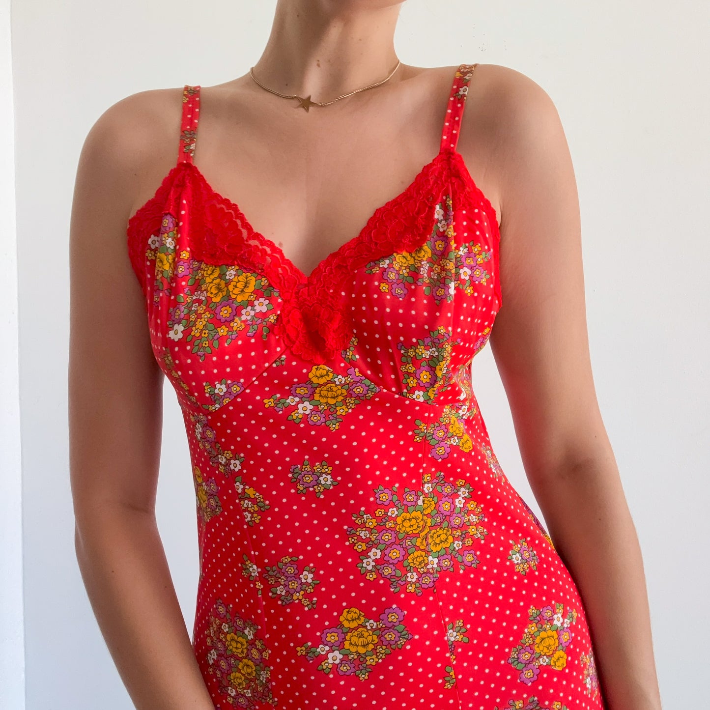 70's Red Flower Polka Dot Mini Slip Dress / SZ S/M