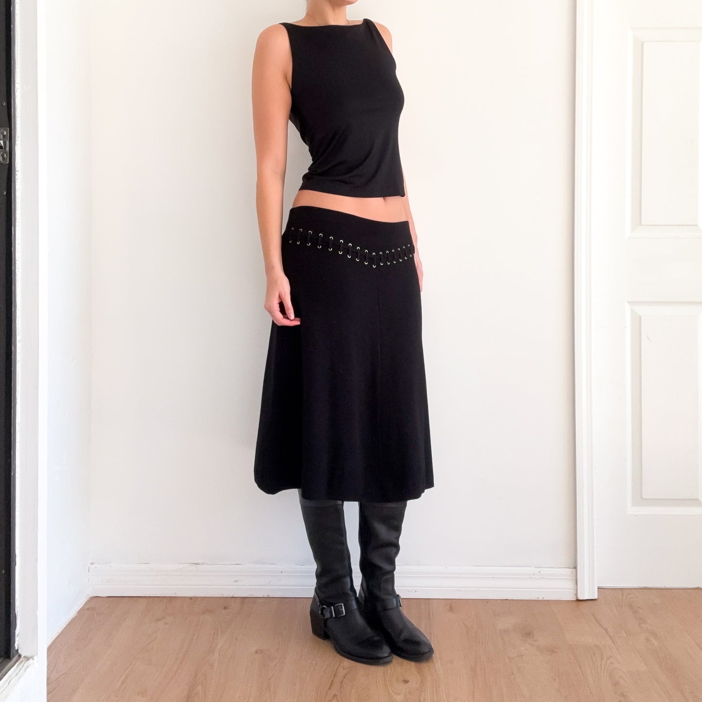 Y2K Black Knit Lace Up Midi Skirt / SZ M-L