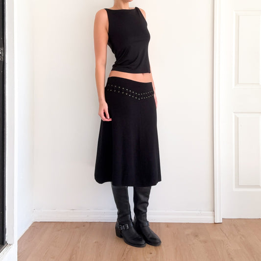 Y2K Black Knit Lace Up Midi Skirt / SZ M-L
