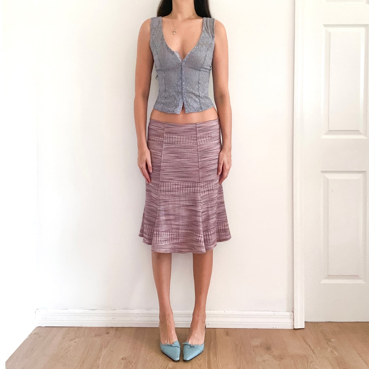 Y2K Purple Striped Knit Midi Skirt / SZ XS-S