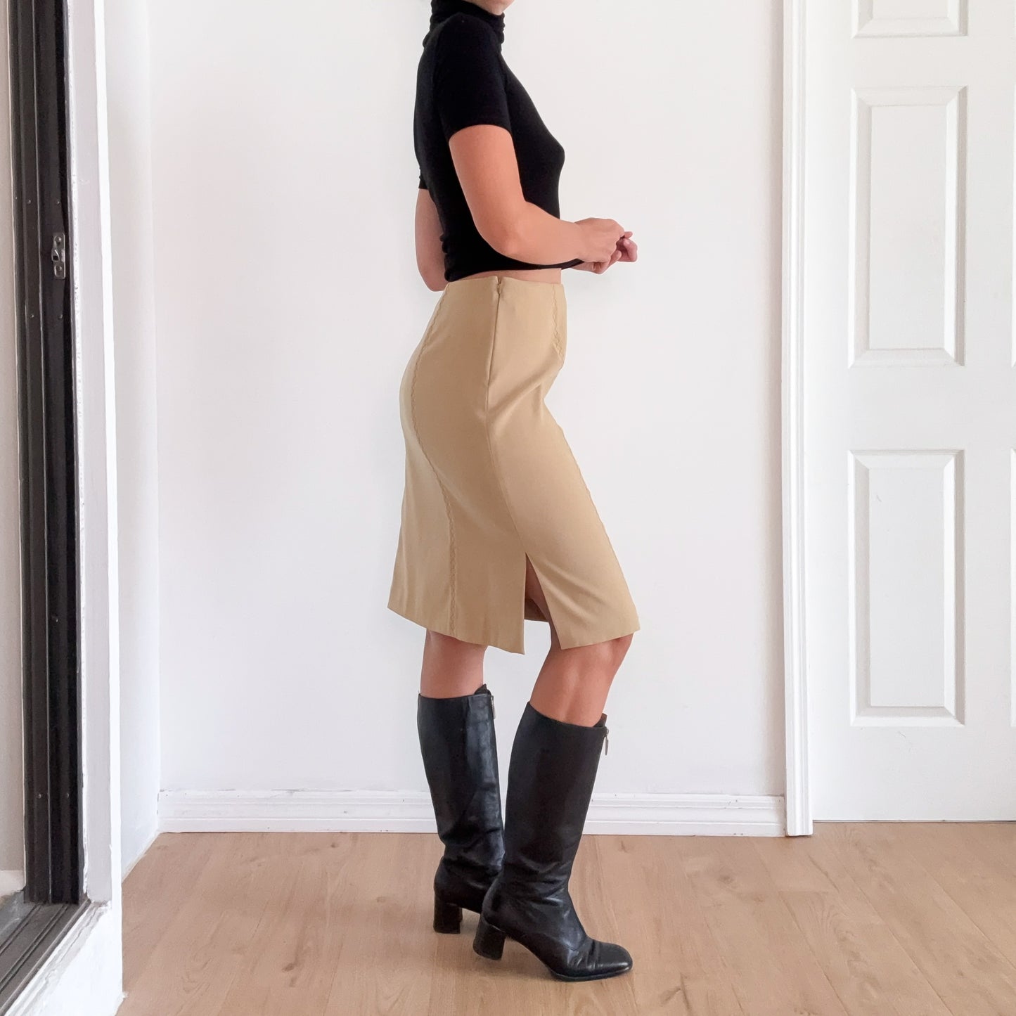 Y2K Tan Faux Suede Midi Skirt / SZ 8