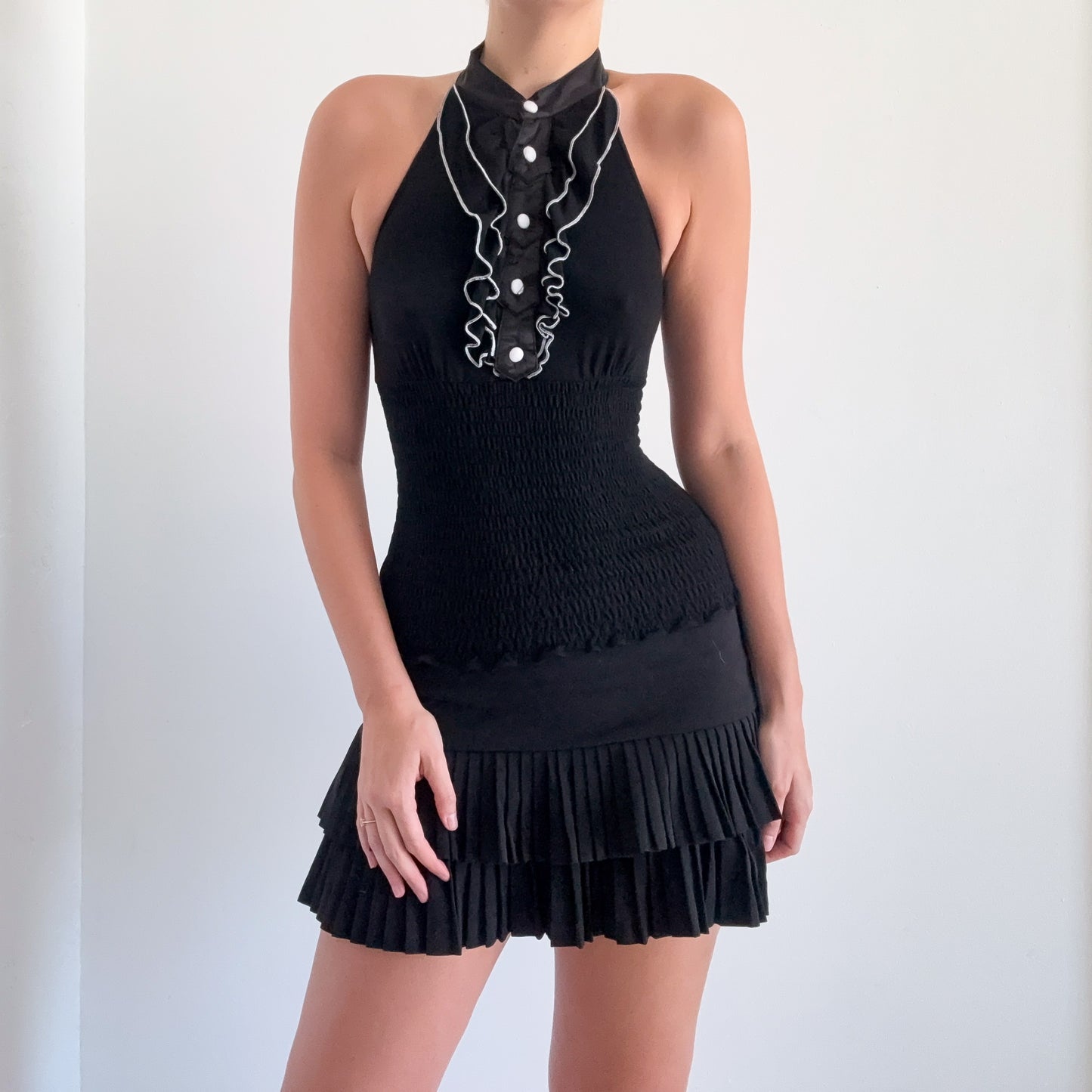 Y2K Black Contrast Smocked Halter Top / SZ XS/S