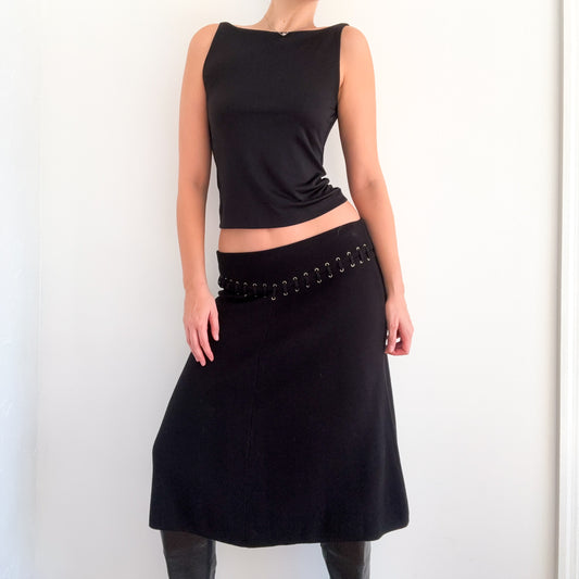 Y2K Black Knit Lace Up Midi Skirt / SZ M-L