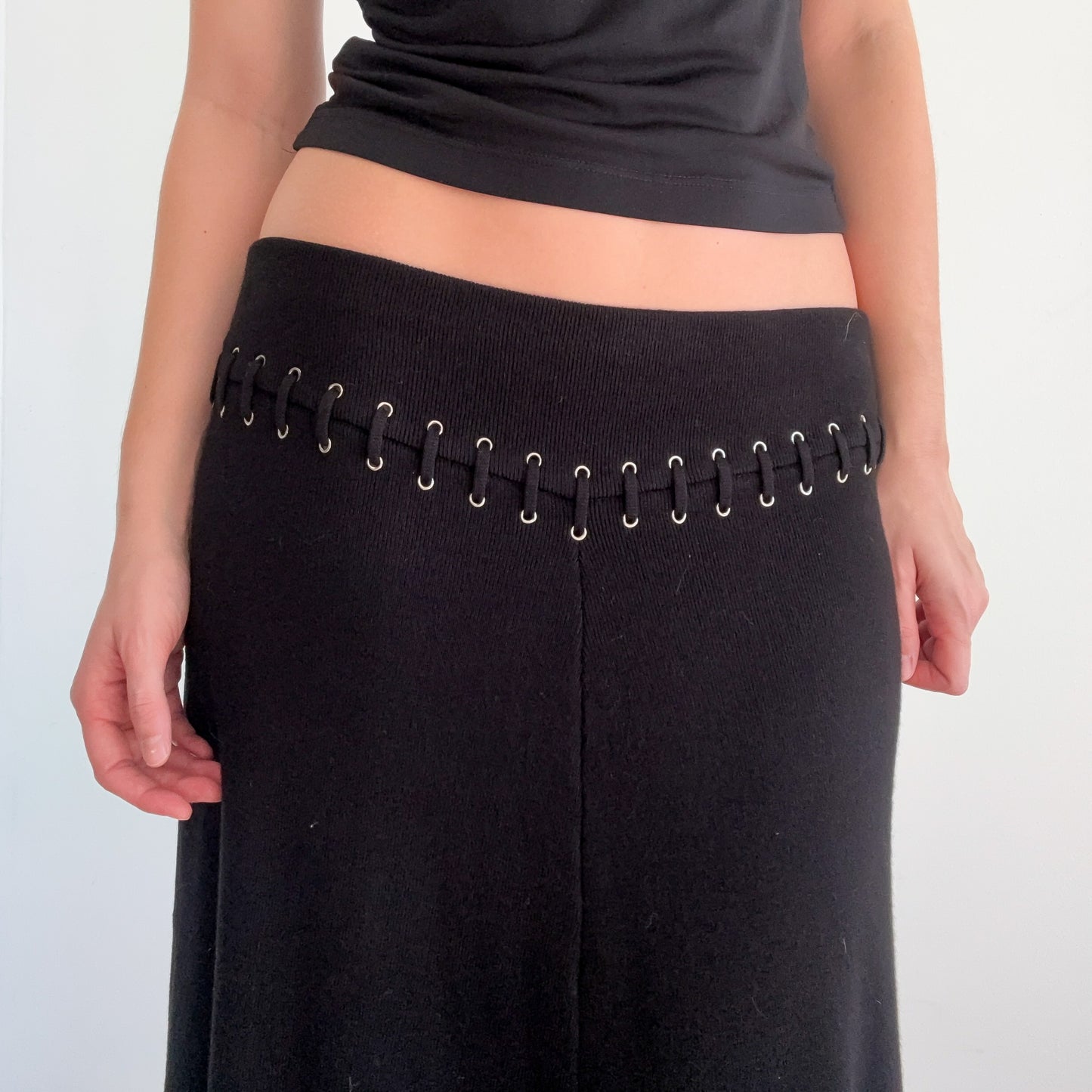 Y2K Black Knit Lace Up Midi Skirt / SZ M-L