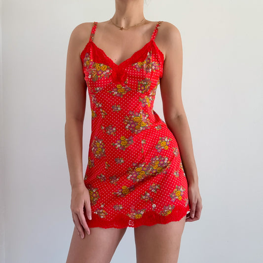 70's Red Flower Polka Dot Mini Slip Dress / SZ S/M