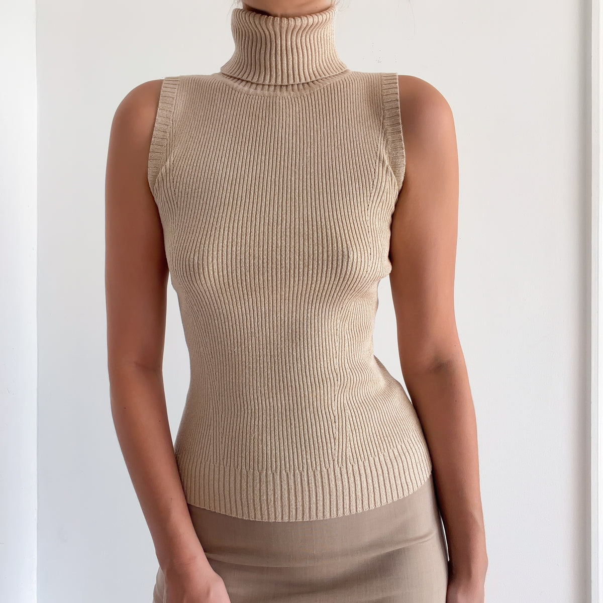 90's Champagne Sparkle Knit Sleeveless Turtleneck / SZ S