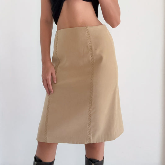 Y2K Tan Faux Suede Midi Skirt / SZ 8