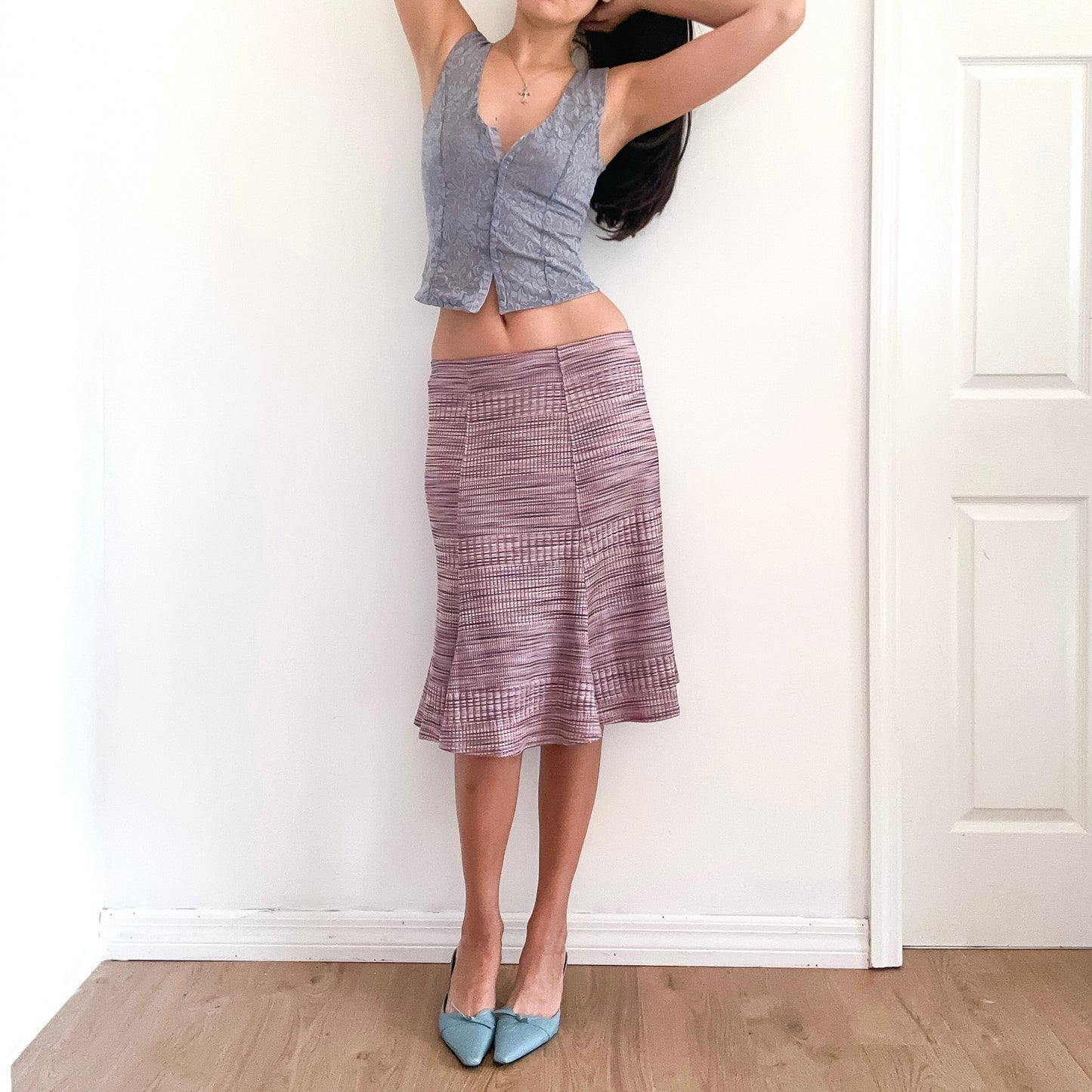 Y2K Purple Striped Knit Midi Skirt / SZ XS-S