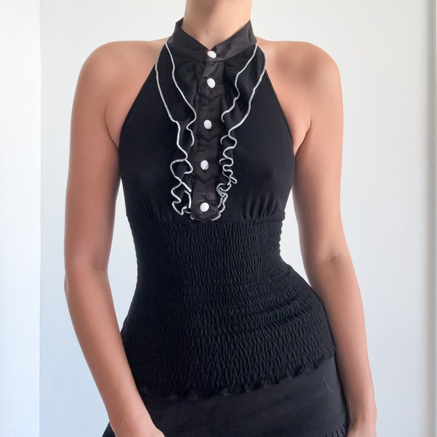 Y2K Black Contrast Smocked Halter Top / SZ XS/S