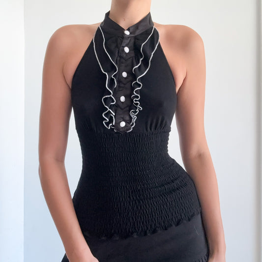 Y2K Black Contrast Smocked Halter Top / SZ XS/S