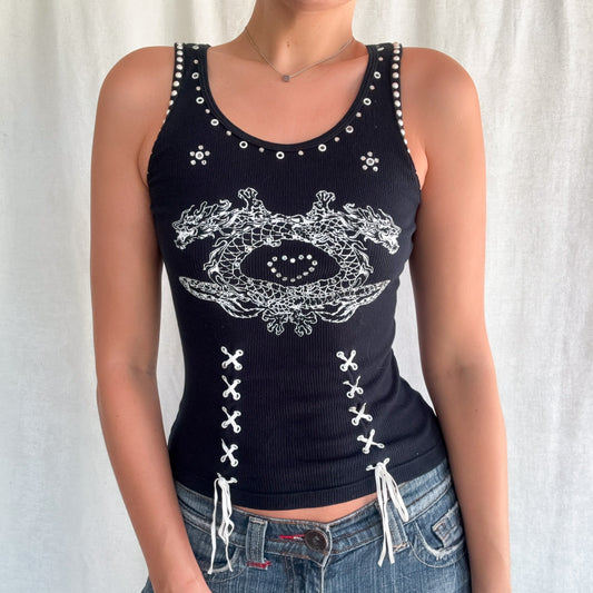 Y2K Black Lace Up Embellished Tank / SZ S