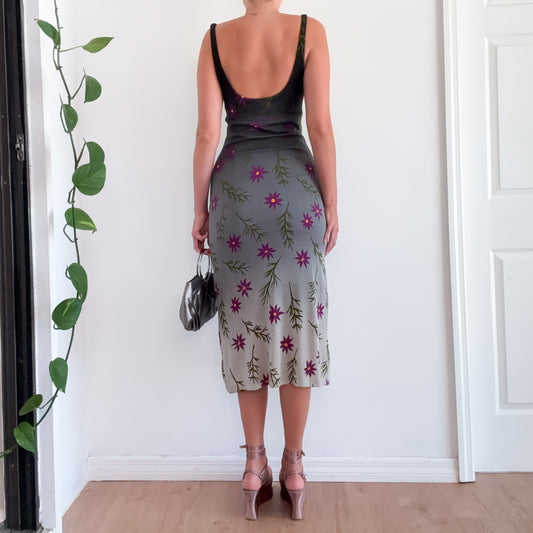 Y2K Nicole Miller Grey & Purple Flower Dress / SZ M