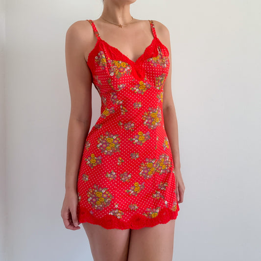 70's Red Flower Polka Dot Mini Slip Dress / SZ S/M