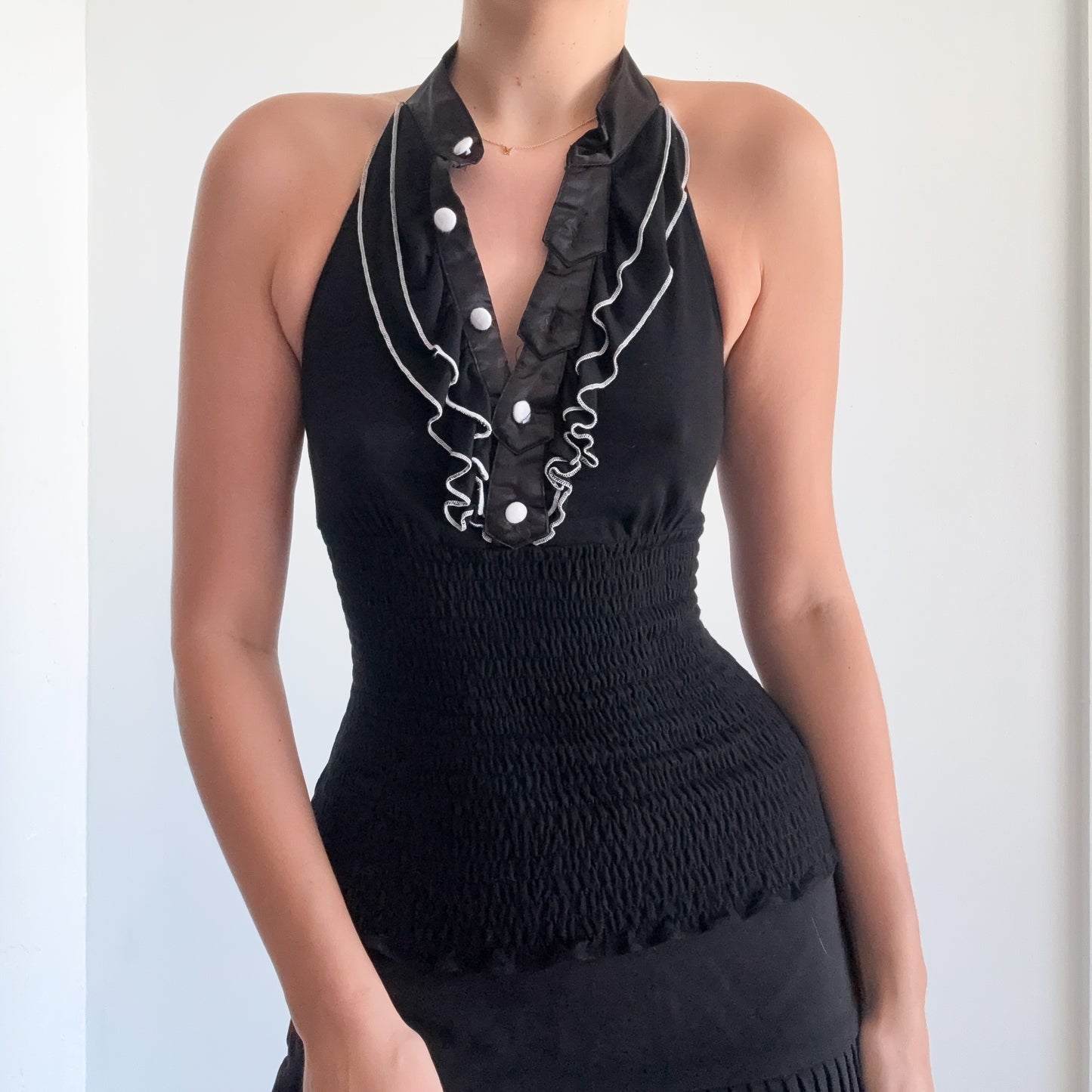 Y2K Black Contrast Smocked Halter Top / SZ XS/S