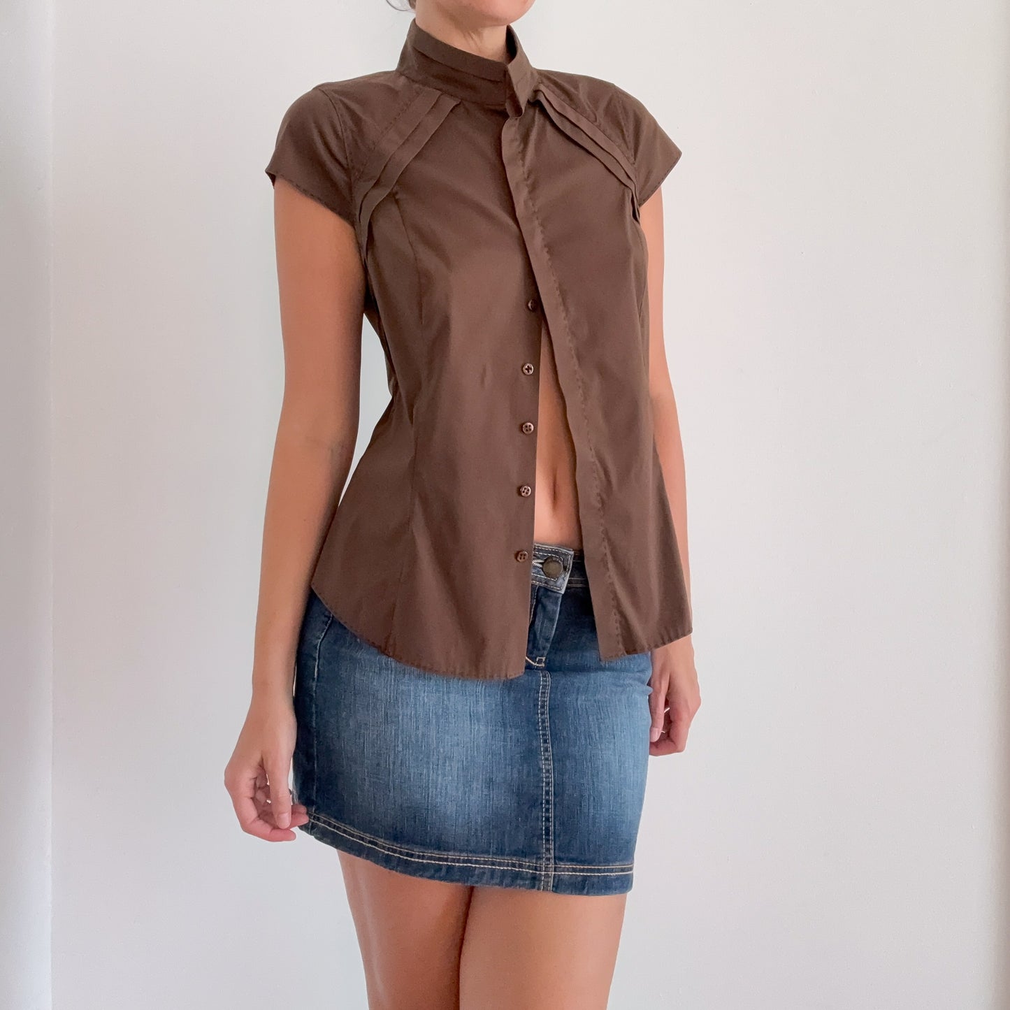 Y2K Brown Cotton Button Up Blouse / SZ 8