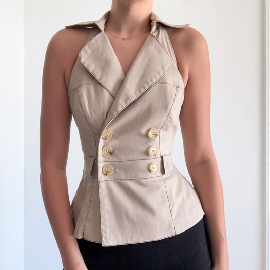 Y2K Khaki Button Halter Vest Top / SZ S