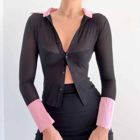 Y2K Black & Pink Mesh Button Top / SZ XS/S