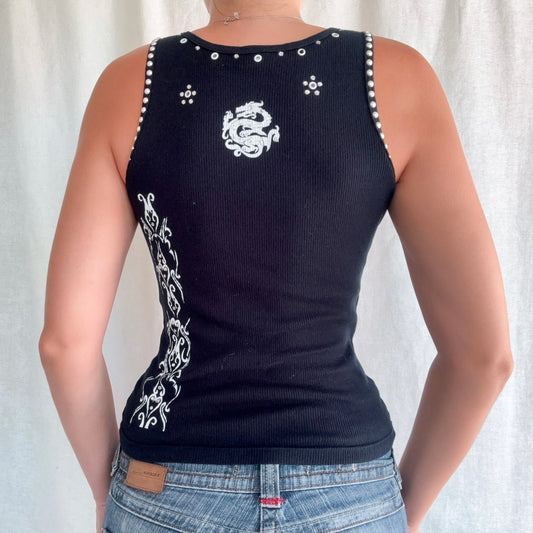 Y2K Black Lace Up Embellished Tank / SZ S