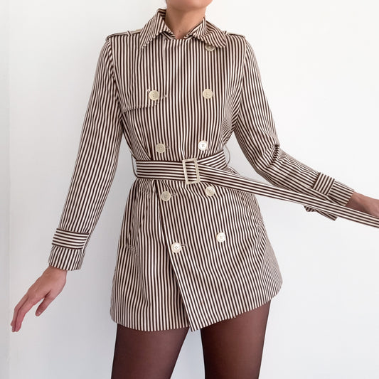 Y2K Brown & Cream Striped Cotton Trench Coat / SZ S