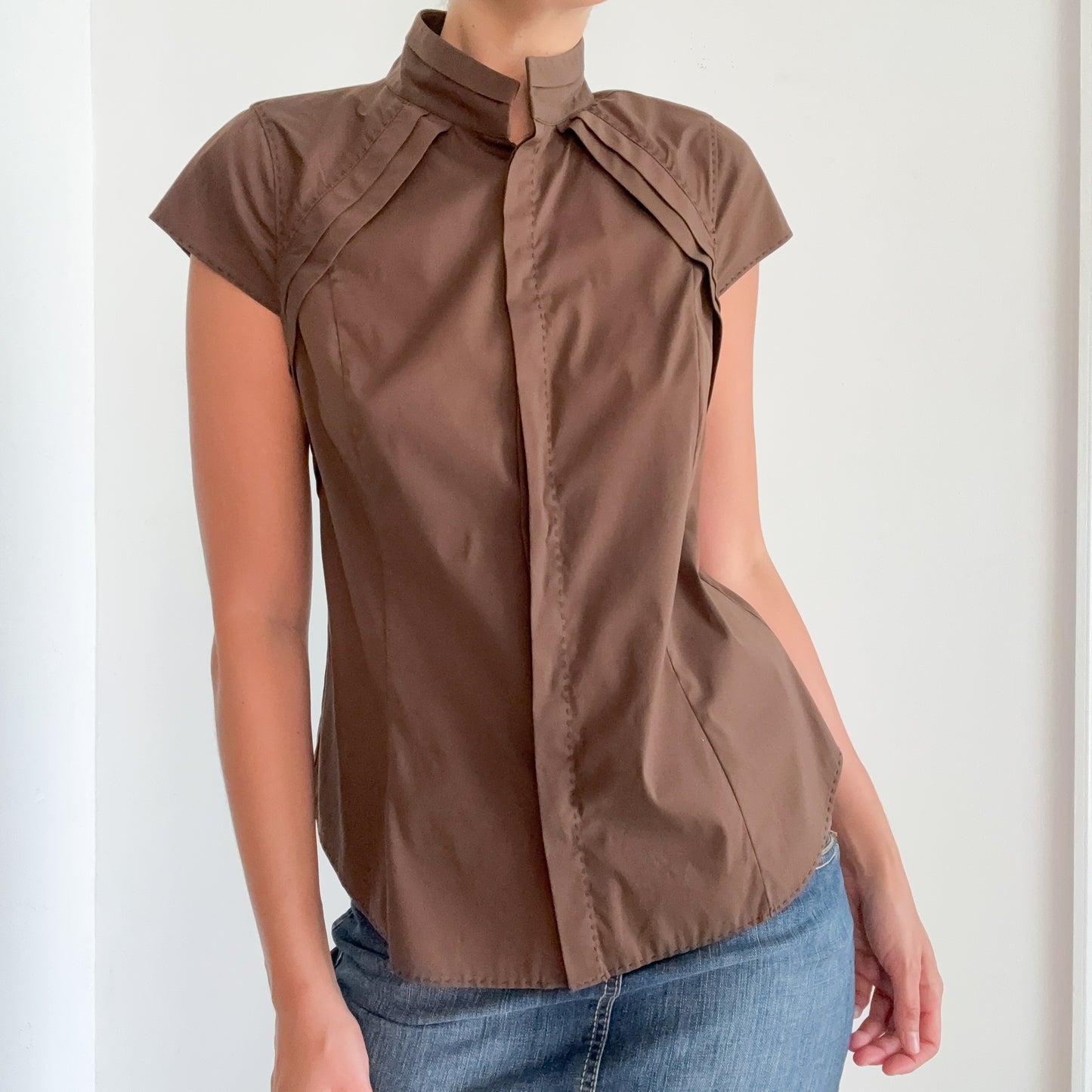 Y2K Brown Cotton Button Up Blouse / SZ 8