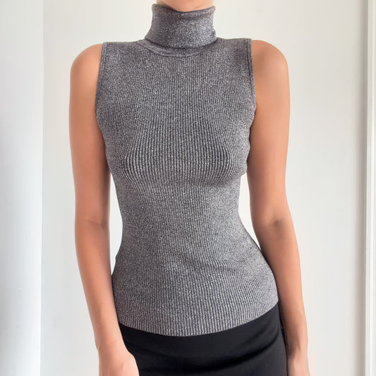 90's Gunmetal Sparkle Knit Sleeveless Turtleneck / SZ S