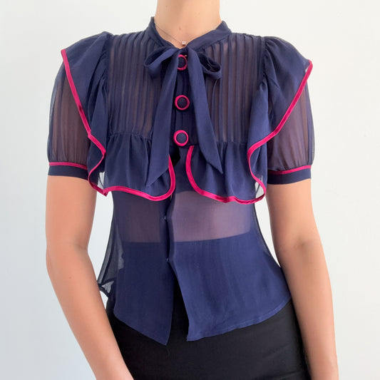 Y2K Betsey Johnson Navy & Magenta Silk Blouse / SZ 4