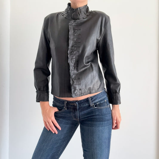 Y2K Black Leather Ruffle Jacket / SZ M