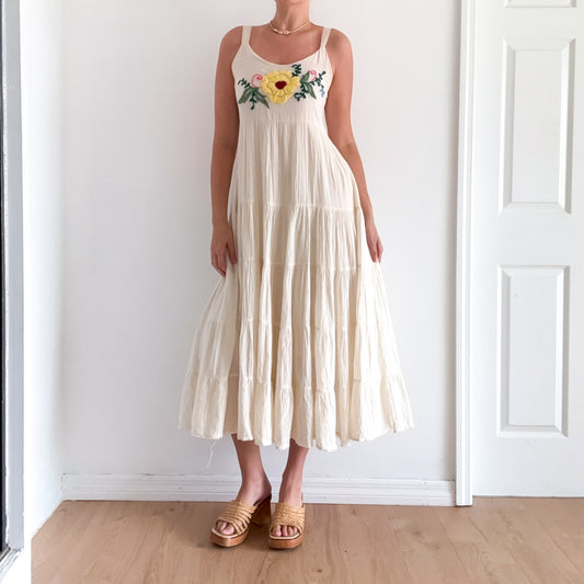 Y2K Cream Embroidered Cotton Sundress / SZ S-M
