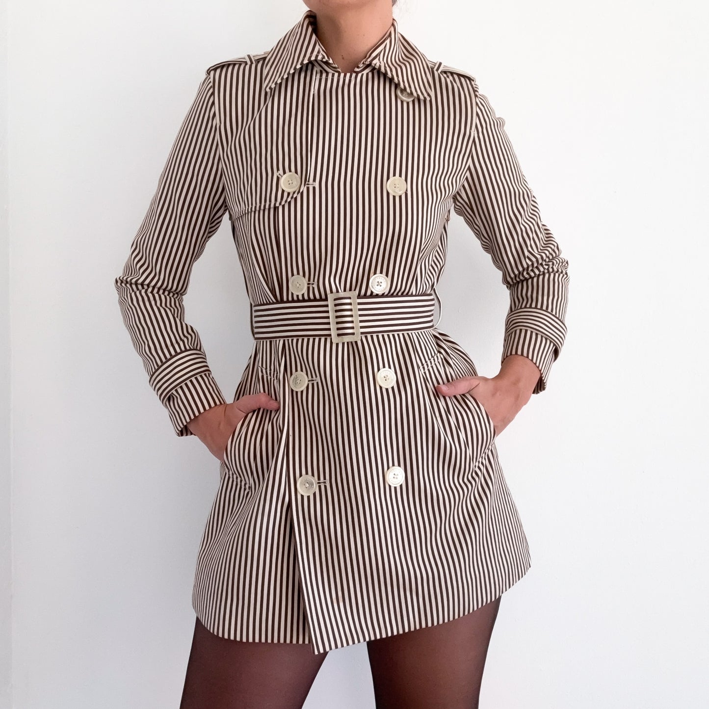 Y2K Brown & Cream Striped Cotton Trench Coat / SZ S