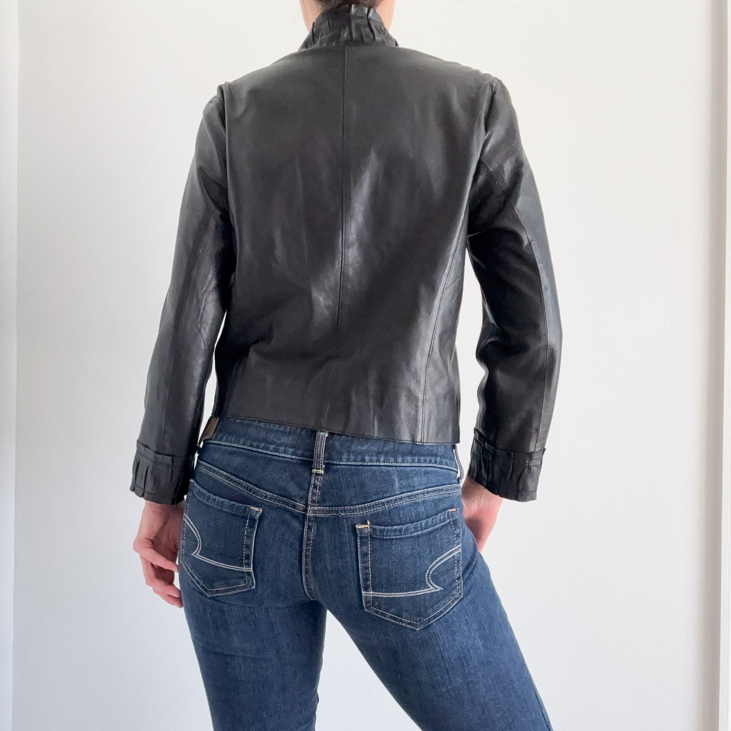 Y2K Black Leather Ruffle Jacket / SZ M