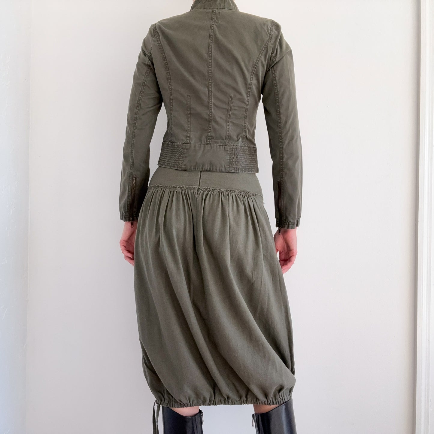 Y2K Army Green Cotton Bubble Midi Skirt / SZ S/M