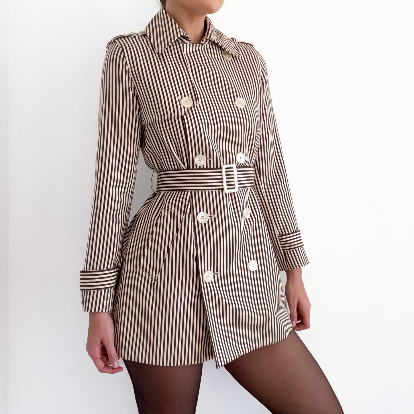 Y2K Brown & Cream Striped Cotton Trench Coat / SZ S