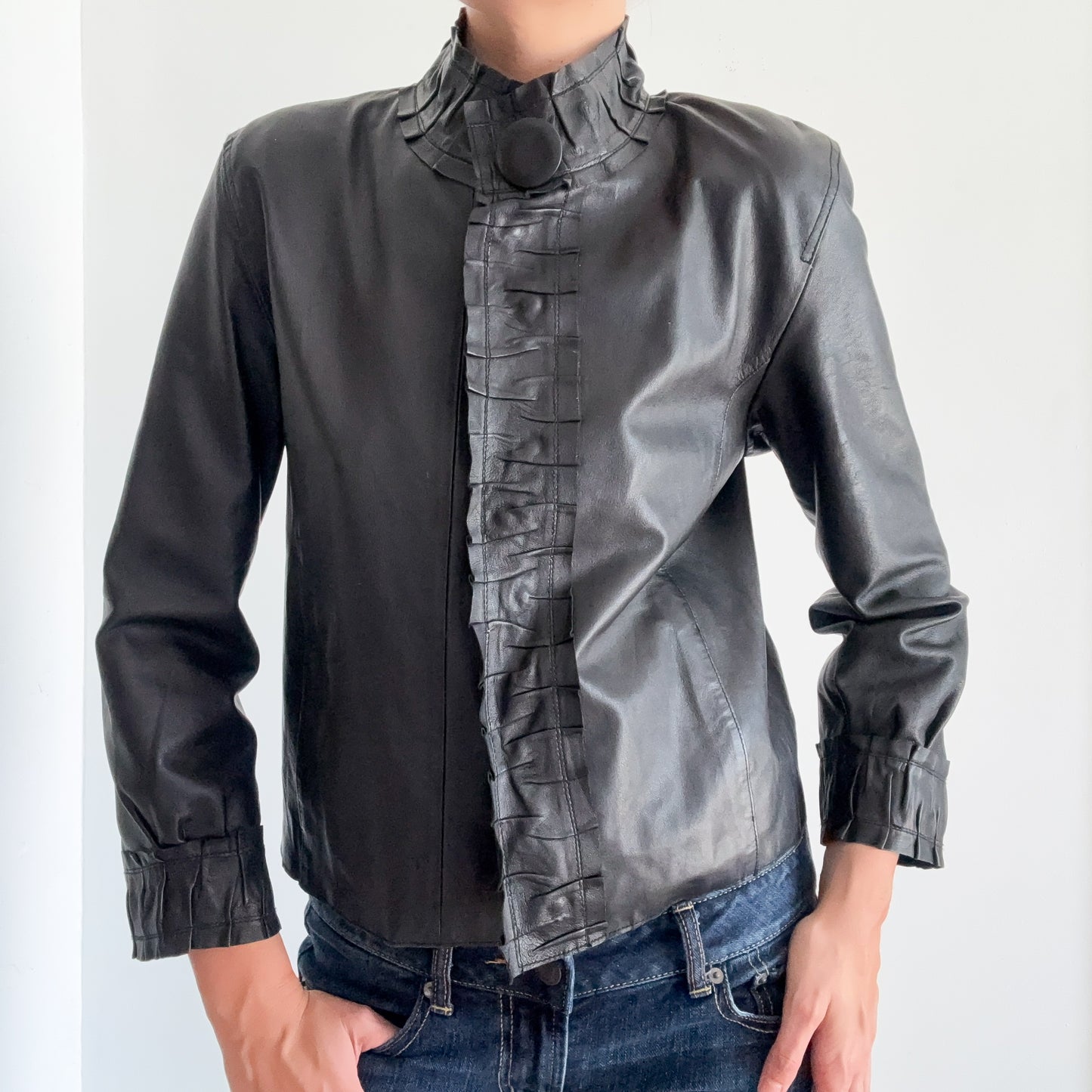 Y2K Black Leather Ruffle Jacket / SZ M