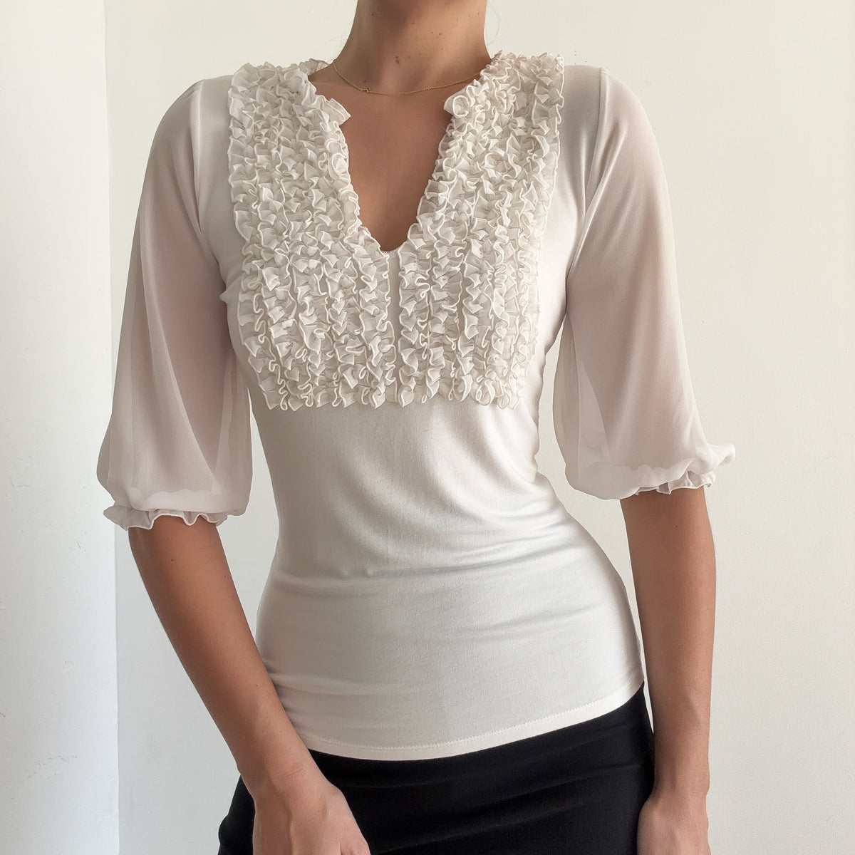 Y2K White Ruffle Ballon Sleeve Blouse / SZ S