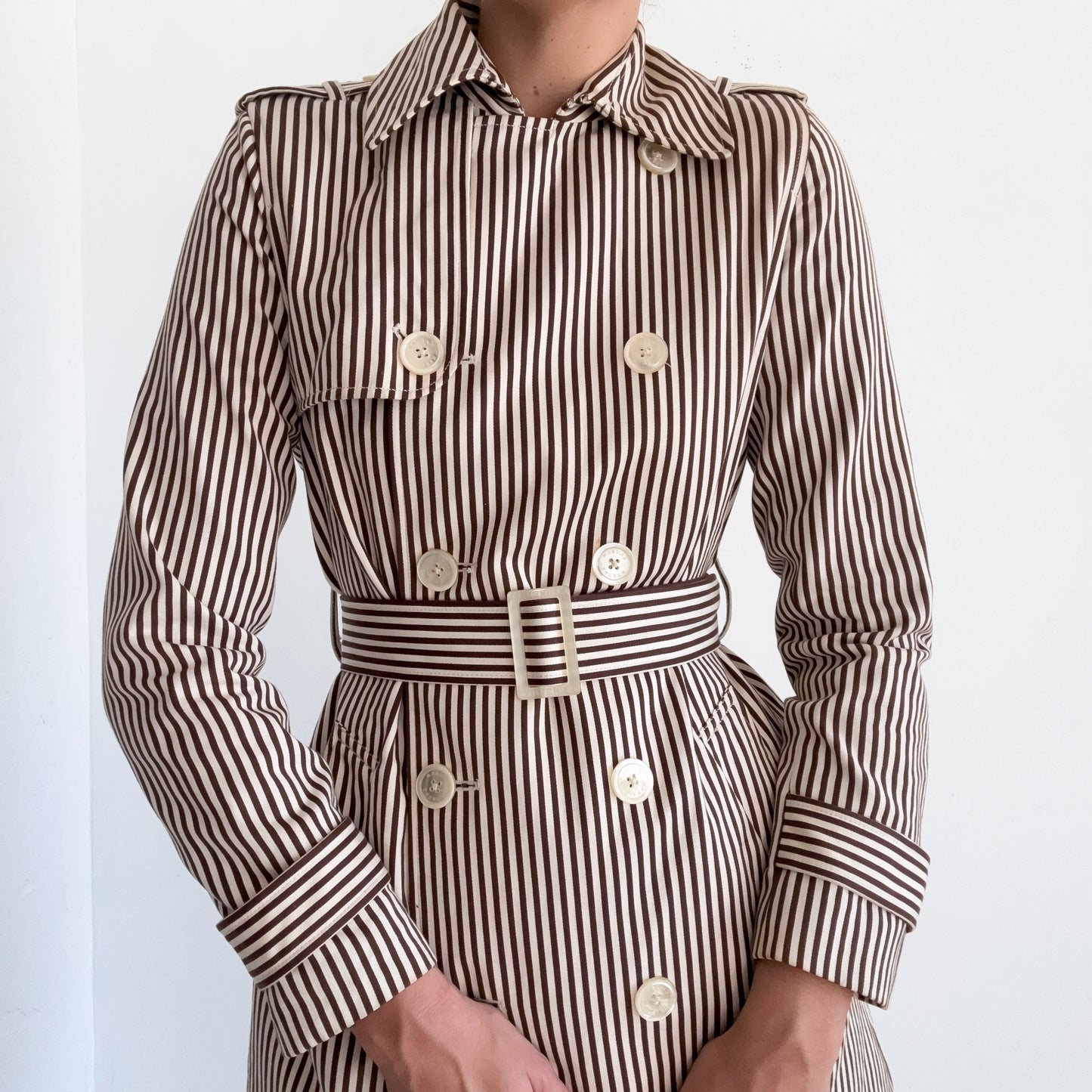 Y2K Brown & Cream Striped Cotton Trench Coat / SZ S