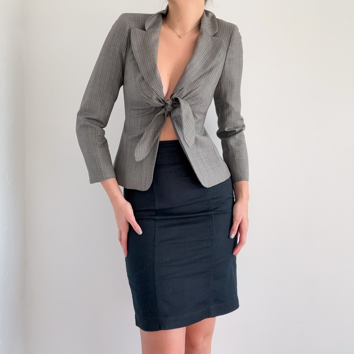 Y2K Grey Plaid Tie Blazer / SZ 0/2