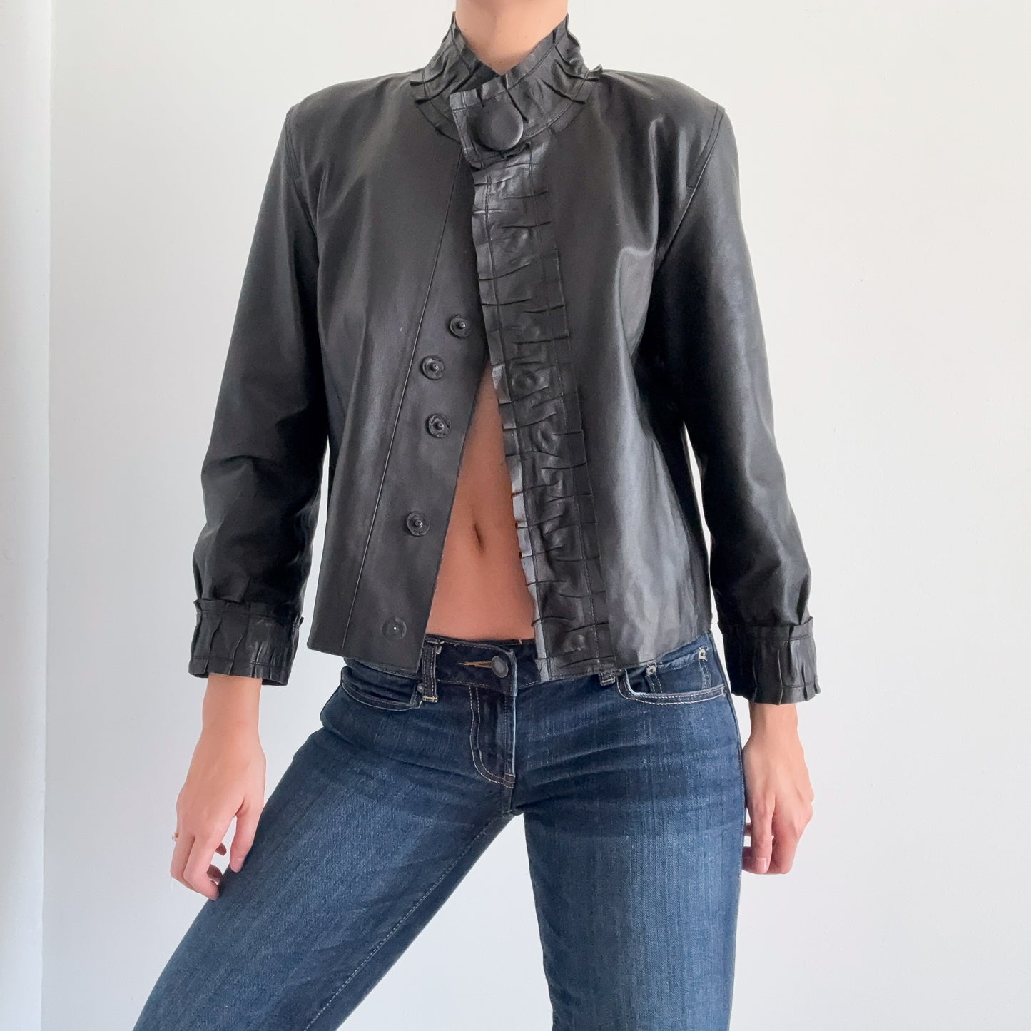 Y2K Black Leather Ruffle Jacket / SZ M