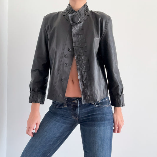 Y2K Black Leather Ruffle Jacket / SZ M