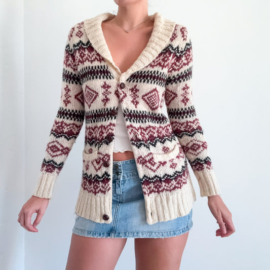 Y2K Ivory & Maroon Printed Knit Sweater Cardigan / SZ S