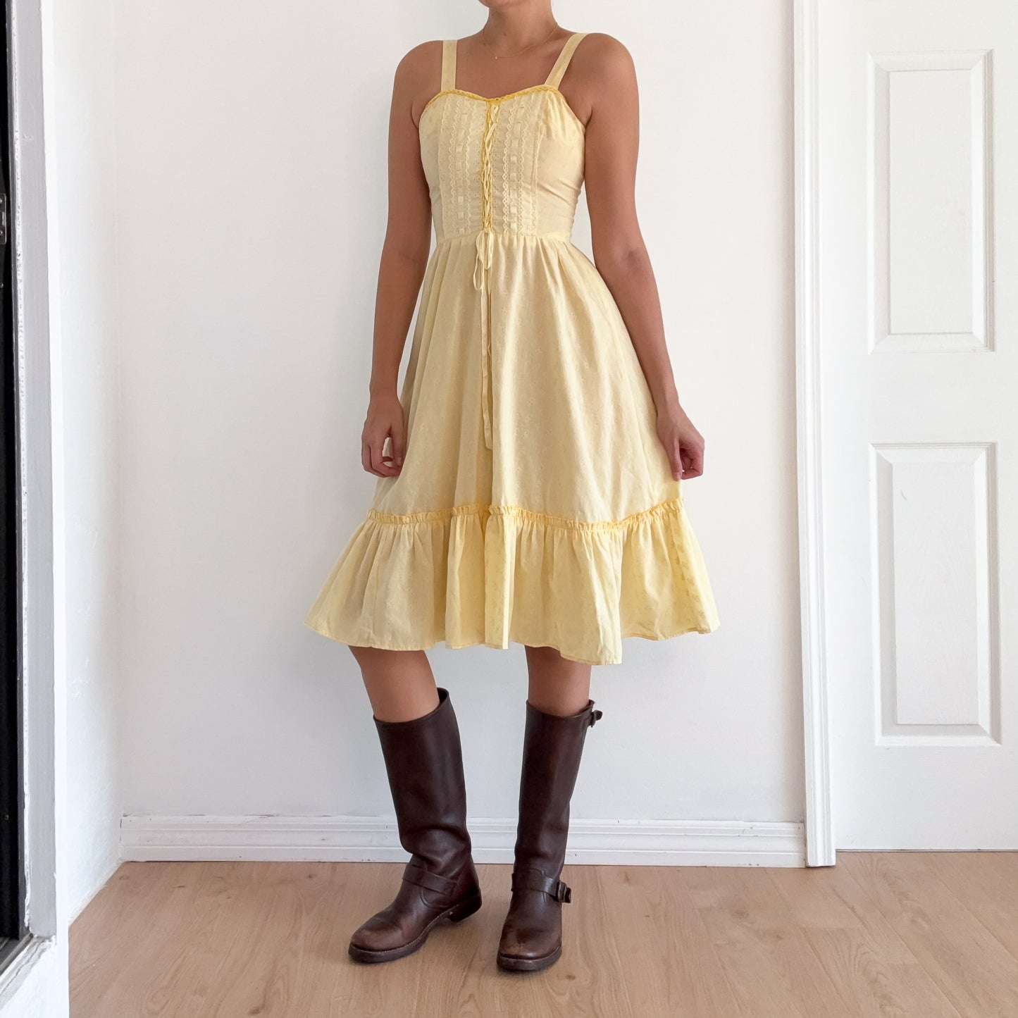 70's Yellow Floral Prairie Midi Dress / SZ S