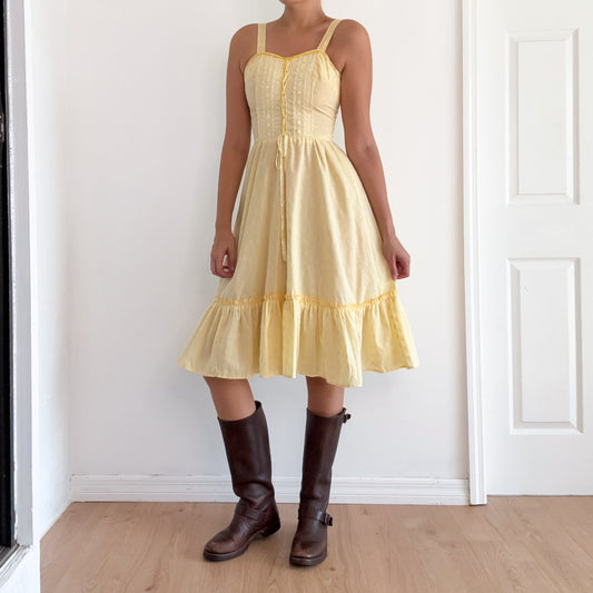 70's Yellow Floral Prairie Midi Dress / SZ S