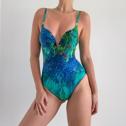 Natori Blue & Green Peacock Swimsuit / SZ M