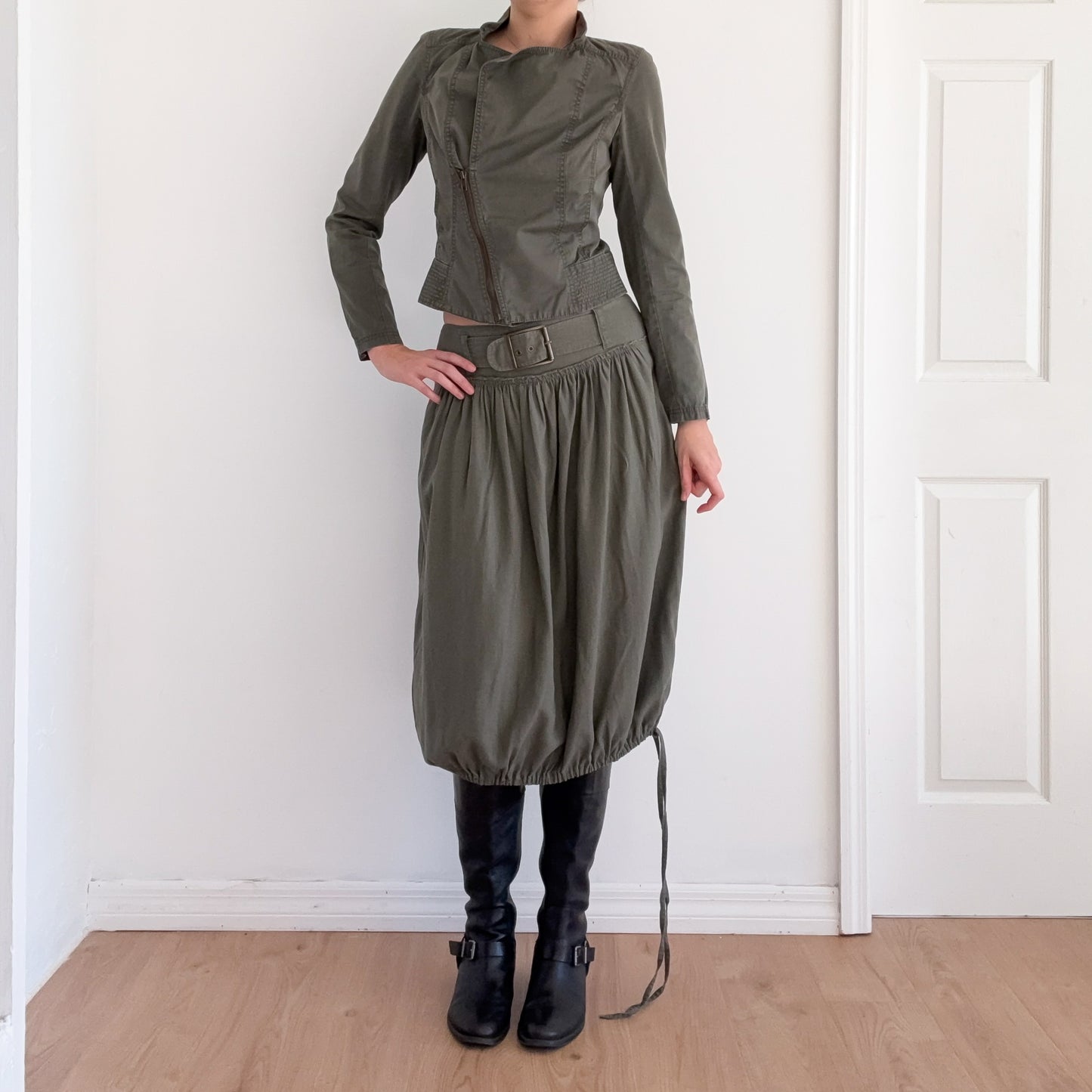 Y2K Army Green Cotton Bubble Midi Skirt / SZ S/M