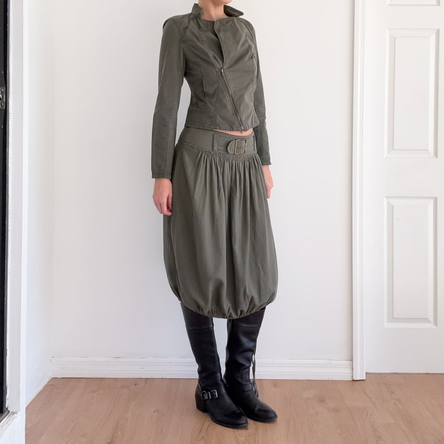 Y2K Army Green Cotton Bubble Midi Skirt / SZ S/M