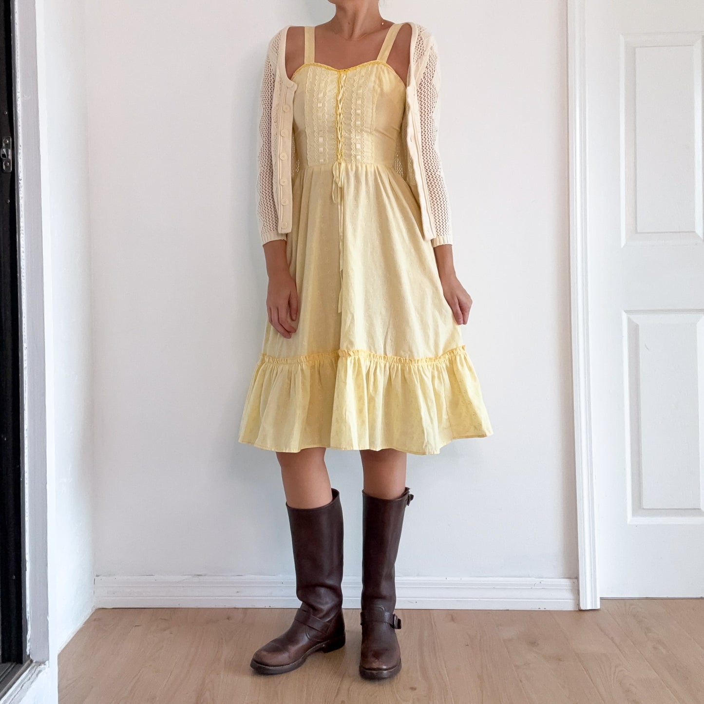 70's Yellow Floral Prairie Midi Dress / SZ S