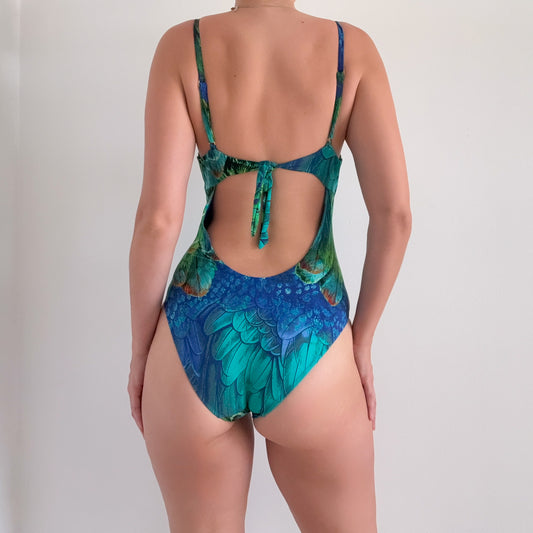 Natori Blue & Green Peacock Swimsuit / SZ M