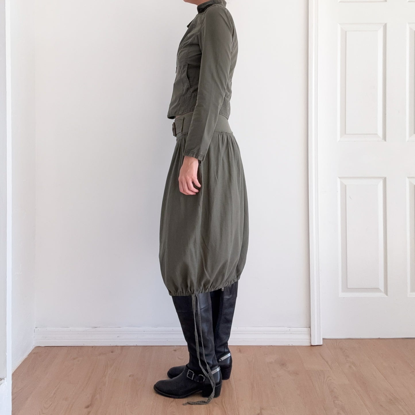 Y2K Army Green Cotton Bubble Midi Skirt / SZ S/M